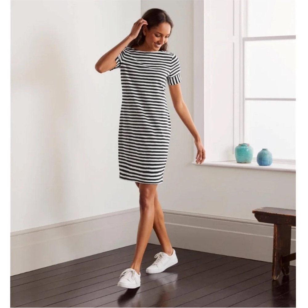 Boden Darcey Jersey Mini Cotton T-Shirt Dress 
Nautical Stripe Navy Ivory - 8